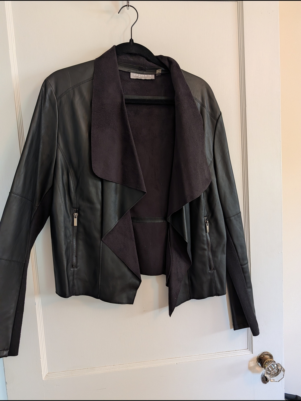 Women's Black Draped Open-Front Leather Jacket